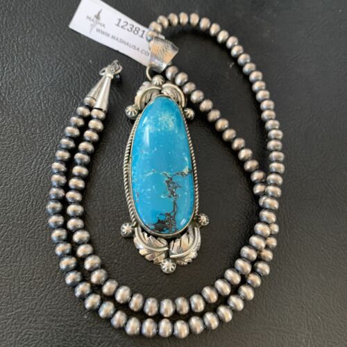 Men's Navajo Pearls Necklace with Blue Kingman Turquoise Pendant | Sterling Silver | Native American Handmade | 12381