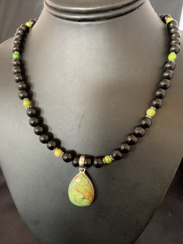 Navajo Pearls Onyx Mojave Turquoise Necklace Pendant | Sterling Silver | Authentic Native American Handmade | 13252