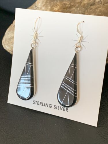 Navajo Black Onyx Inlay Dangle Drop Earrings | Sterling Silver | 1.5" | 12312 - Masha USA
