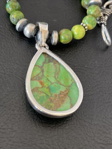 Navajo Pearl Necklace with Green Mojave Turquoise Pendant | Sterling Silver | Authentic Native American Handmade | 10580