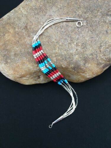 Multi-Color Turquoise Coral Liquid Heishi Bracelet | Sterling Silver | 7" | Authentic Native American Handmade | 13595