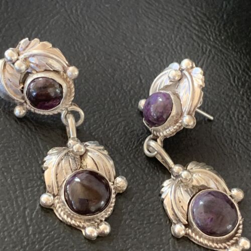 Navajo Purple Sugilite Post Dangle Earrings | Sterling Silver | Authentic Native American Handmade | 1590