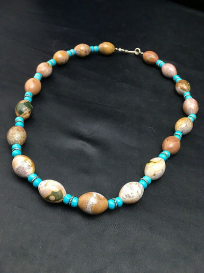 Native American Sterling Silver Blue Turquoise Agate Necklace | Authentic Handmade | 19" | 4499 - Masha USA