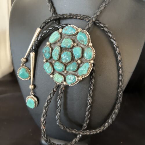 Men's Bolo Tie | Cluster Blue Kingman Turquoise | Sterling Silver | Navajo | Authentic Native American Handmade | 14524