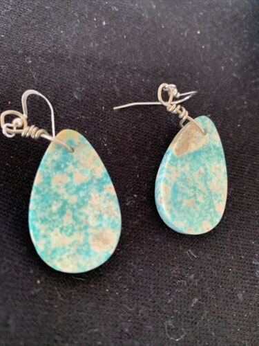 Navajo Slab Turquoise Dangle Earrings | Sterling Silver | Authentic Native American Handmade | 1356