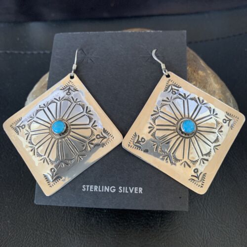 Navajo Blue Turquoise Earrings | Stamped Sterling Silver | Authentic Native American Handmade | 13369