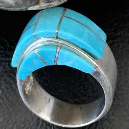 Navajo Blue Turquoise Inlay Band Ring | Sz 8 | Authentic Native American Handmade | 14163