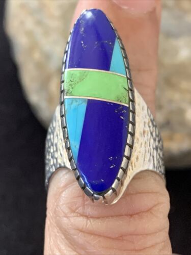 Navajo Multi-Color Lapis & Turquoise Inlay Ring | Sterling Silver | Sz 7 | Authentic Native American Handmade | 01576