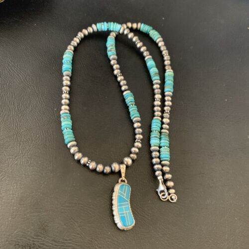 Navajo Pearls Turquoise Necklace with Inlay Pendant | Sterling Silver | 21" | Authentic Native American Handmade | 12579