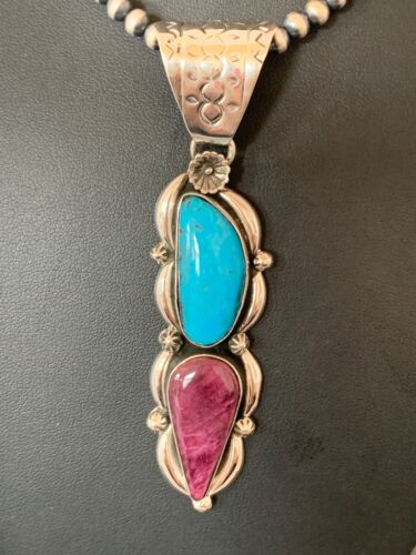 Navajo Kingman Turquoise & Spiny Oyster Pendant Necklace | Sterling Silver | Authentic Native American Handmade | 4576