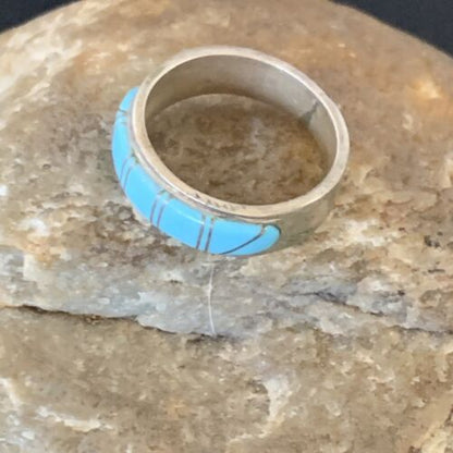 Native American Navajo Blue Turquoise Inlay Band Ring | Sz 6 | Sterling Silver | 12393