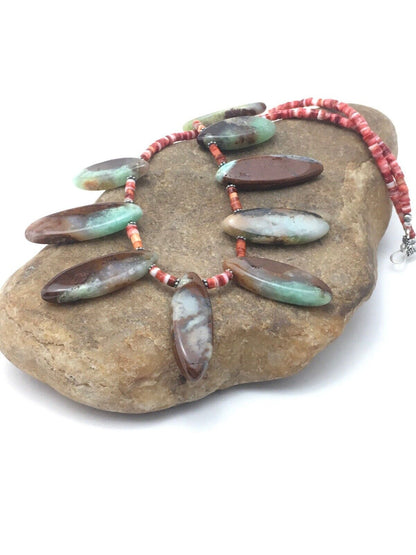 Navajo Green Chrysoprase & Spiny Oyster Necklace | Sterling Silver | 20" | Authentic Native American Handmade | 4284