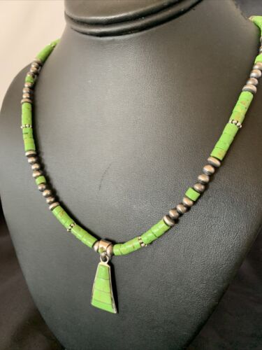 Native American Navajo Sterling Silver Necklace | Green Gaspeite Inlay Pendant | 12150
