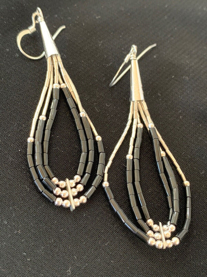 Native American Sterling Silver Heishi Dangle Black Onyx Pendant | 2" Tube | Navajo