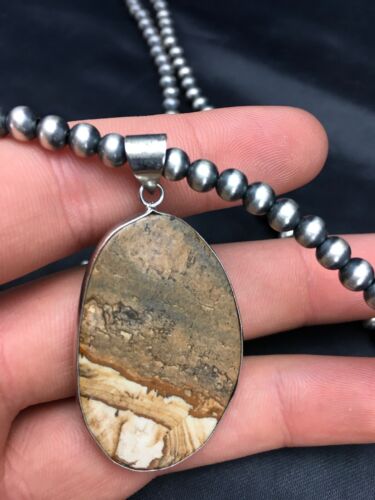 Southwestern Jasper Picture Pendant Necklace | Sterling Silver | 2.25" | Authentic Native American Handmade | 3007