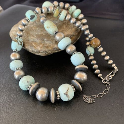 Navajo Pearl Dry Creek Turquoise Beads Necklace | Sterling Silver | 21" | Authentic Native American Handmade | 10978