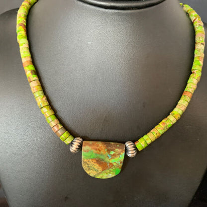 Navajo Green Gaspeite Turquoise Pendant | Sterling Silver | Authentic Native American Handmade | 13913
