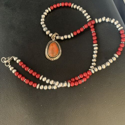Navajo Red Apple Coral Pendant Necklace | Sterling Silver Beads | Authentic Native American Handmade | 13438