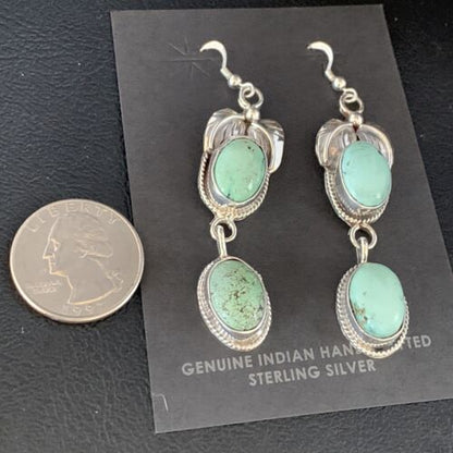 Navajo Green Spiderweb Turquoise Dangle Earrings | Sterling Silver | Authentic Native American Handmade | 13548