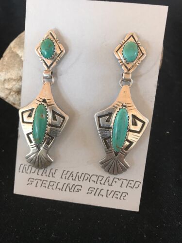 Hopi Turquoise Drop Dangle Earrings | Vintage Old Pawn Sterling Silver | Authentic Native American Handmade | 1123