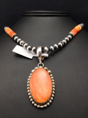 Navajo Orange Spiny Oyster Pendant Necklace | Sterling Silver | Authentic Native American Handmade | 8687