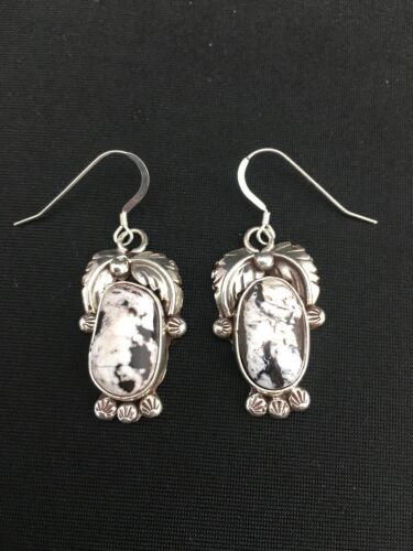 Navajo White Buffalo Turquoise Dangle Earrings | Sterling Silver | 1.25" | Authentic Native American Handmade | 1325