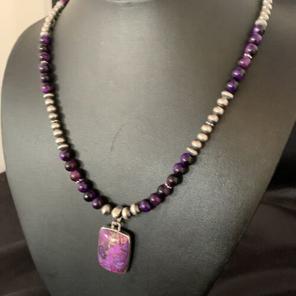 Navajo Pearl Purple Mojave Turquoise Onyx Pendant Necklace | Sterling Silver | Native American Handmade | 13401