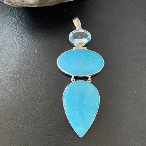 Navajo Blue Topaz Turquoise Multi-Stone Pendant | Authentic Native American Sterling Silver | 3.5" | 12023