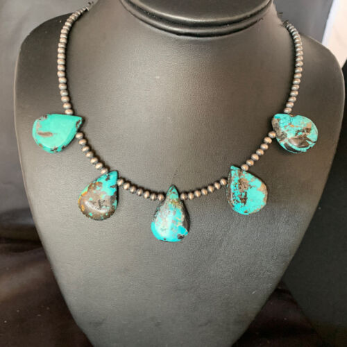 Navajo Teardrop Blue Turquoise Necklace | Sterling Silver Pearls | 20" | 13960