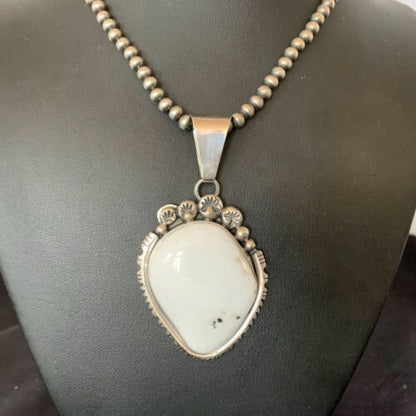 Men's Navajo White Buffalo Turquoise Pendant Necklace | Sterling Silver | Authentic Native American Handmade | 11846