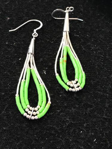 Navajo Green Gaspeite Earrings | Sterling Silver Liquid Heishi Dangle | 2.25" | Authentic Native American Handmade | 2021