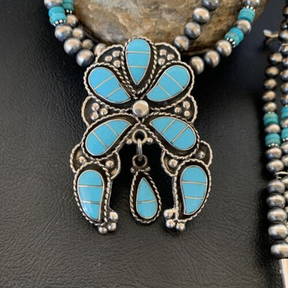 Zuni Sleeping Beauty Turquoise Inlay Necklace | Sterling Silver Squash Blossom | 12232