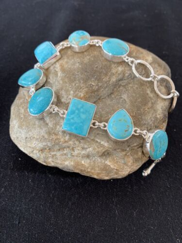 Native American Navajo Blue Turquoise Link Bracelet | Sterling Silver | 9" | 665