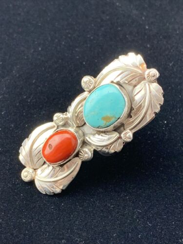 Navajo Royston Turquoise, Coral, and Multi-Stone Men's Ring | Authentic Native American Sterling Silver | Sz 8 | 1808