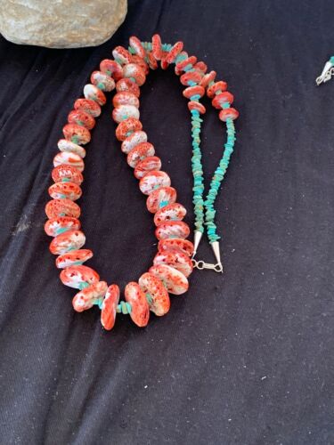Native American Navajo Red Spiny Oyster & Turquoise Necklace | Sterling Silver | 34" Graduated | 4679