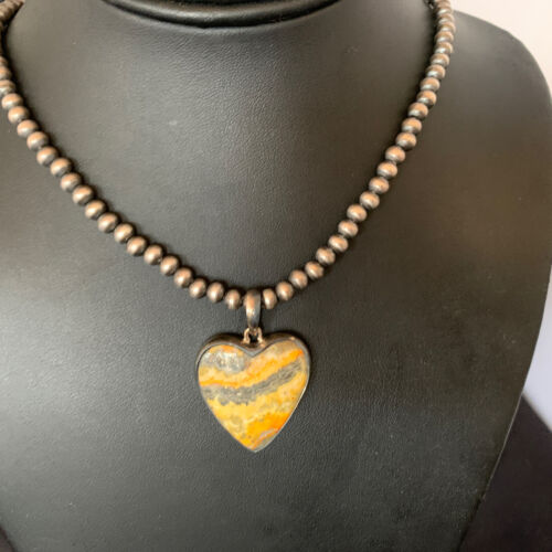 Navajo Heart Yellow Bumblebee Jasper Pendant | Sterling Silver Necklace | Authentic Native American Handmade | 12813