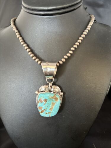 Navajo Pearls Royston Turquoise Necklace Pendant | Sterling Silver | Authentic Native American Handmade | 14802
