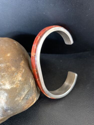 Navajo Native American Red Spiny Oyster Inlay Bracelet | Sterling Silver | Authentic Handmade | 1166