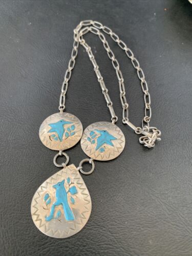 Vintage Zuni Blue Turquoise Necklace Pendant | Sterling Silver | Old Pawn | Native American Handmade | 19" | 1715