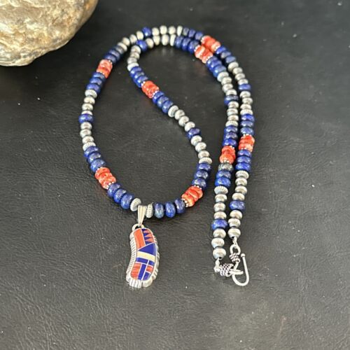 Navajo Blue Lapis Spiny Oyster Necklace Pendant | Sterling Silver Inlay | Authentic Native American Handmade | 14617
