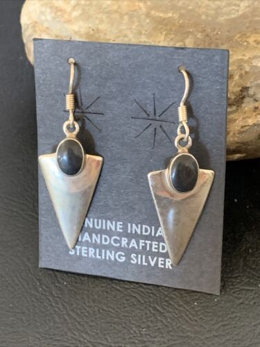 Navajo Black Onyx Drop Dangle Earrings | Sterling Silver | 1" | Authentic Native American Handmade | 12645