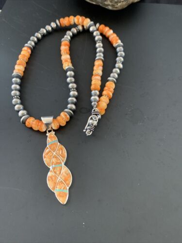 Navajo Pearls Sterling Silver Necklace | Orange Spiny Oyster Inlay Pendant | Authentic Native American Handmade | 11314