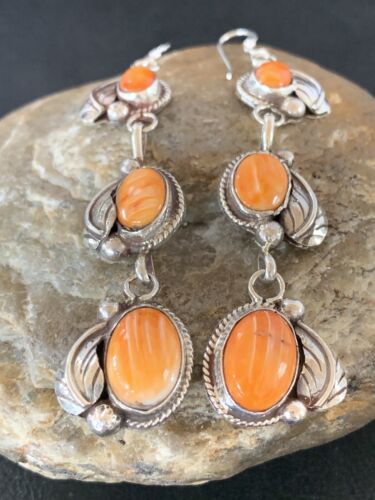 Navajo Orange Spiny Oyster Dangle Earrings | Sterling Silver | Authentic Native American Handmade | 1226