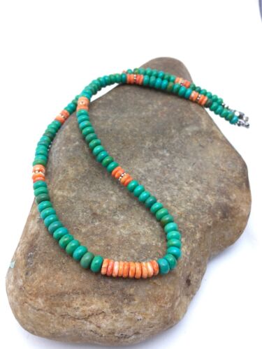 Navajo Green Turquoise & Spiny Oyster Necklace | Sterling Silver | 19" | Authentic Native American Handmade | 4488