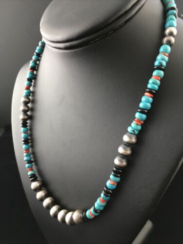 Southwestern Navajo Blue Turquoise Spiny Oyster Necklace | Sterling Silver | 18" | 10045