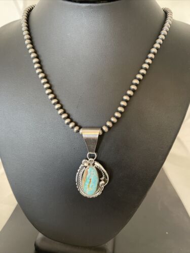 Women's Royston Turquoise Pendant Necklace | Navajo Pearls | Sterling Silver | Authentic Native American Handmade | 1182