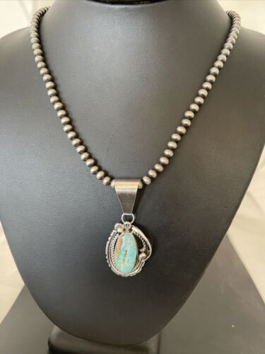 Women's Royston Turquoise Pendant Necklace | Navajo Pearls | Sterling Silver | Authentic Native American Handmade | 01182