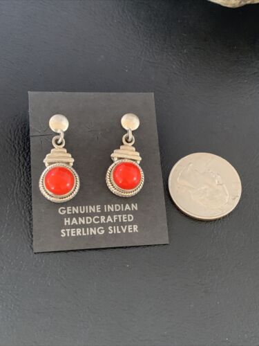 Native American Navajo Red Coral Dangle Earrings | Sterling Silver | 1" | 13113 - Masha USA
