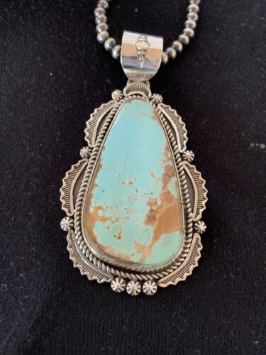 Men's Navajo Pearls Necklace with Blue Royston Turquoise Pendant | Sterling Silver | Native American | 335