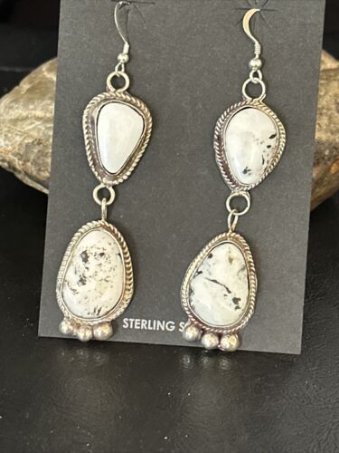 Navajo White Buffalo Turquoise Dangle Earrings | Sterling Silver | 2.5" | Authentic Native American Handmade | 14800